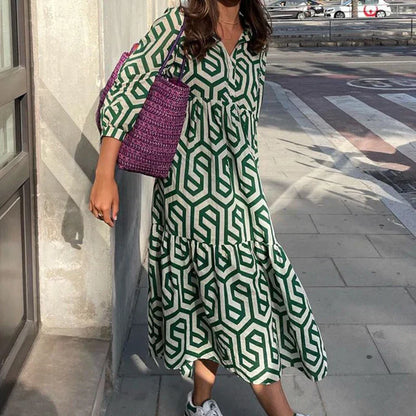 Robe Femme Longue Chic à Manches Longues Imprimé Géométrique
