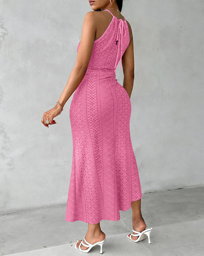 Robe Midi Femme Jacquard Ajouré Col Halter Fente