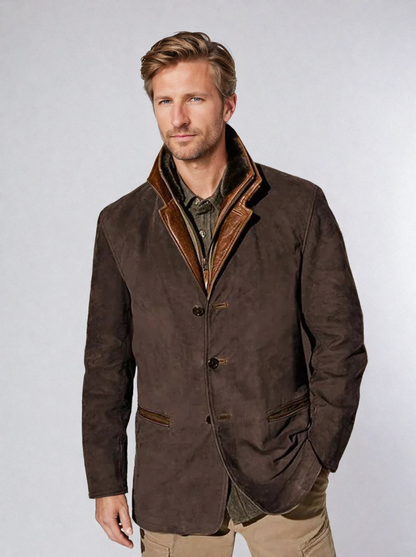 Veste Cuir Homme Brun avec Col Revers Contraste