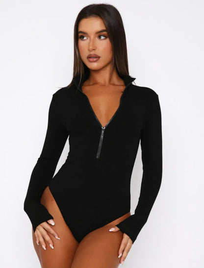 Body Femme Ajusté Col en V Zippé