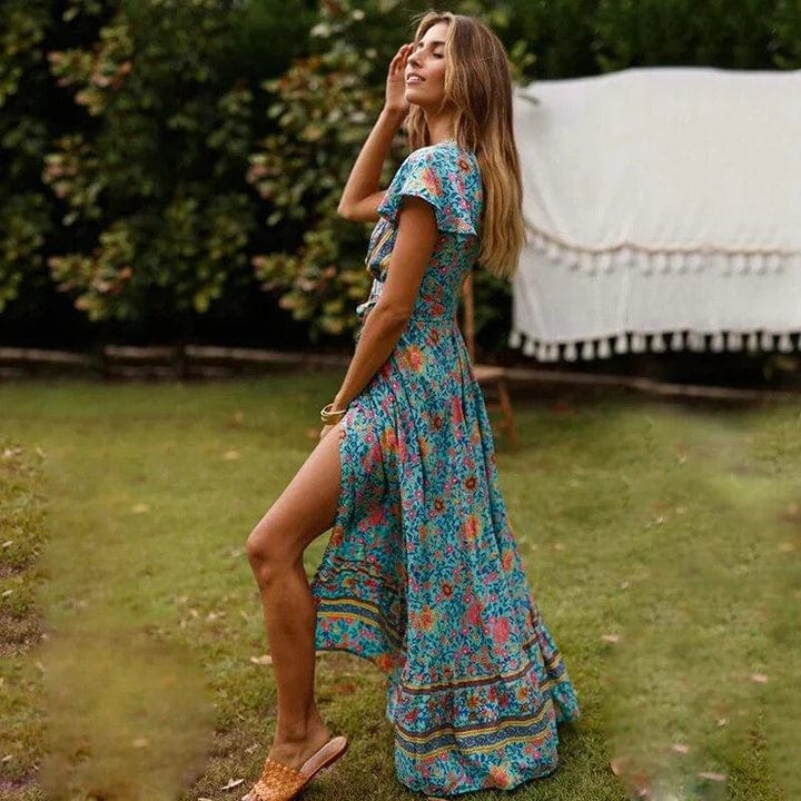 Robe Bohème Longue à Ceinture et Fente Élevée