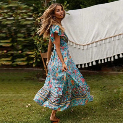 Robe Bohème Longue à Ceinture et Fente Élevée