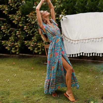 Robe Bohème Longue à Ceinture et Fente Élevée
