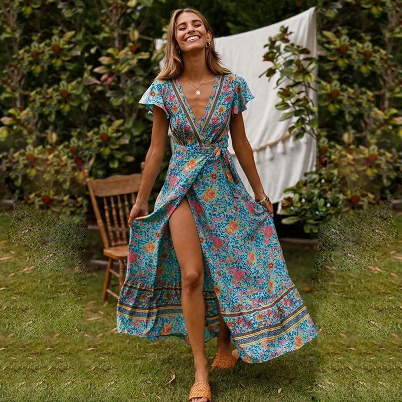 Robe Bohème Longue à Ceinture et Fente Élevée - BerlinGlamour