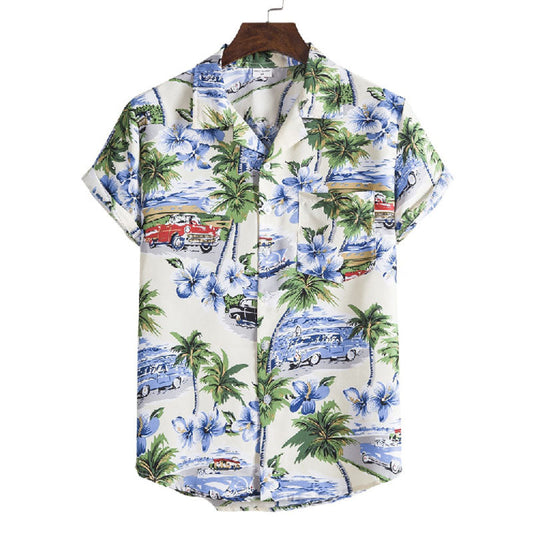 Chemise Homme Courte Manche Coton Imprimé Vintage - BerlinGlamour