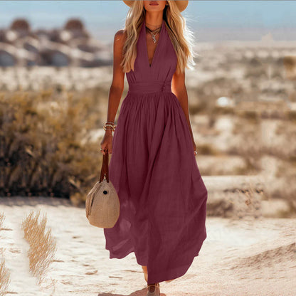 Robe Élégante Col V Plissé Femme Moderne