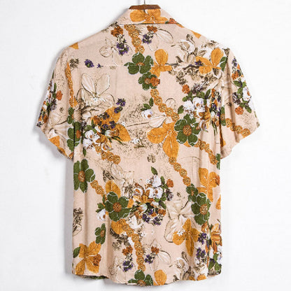 Chemise Homme Courte Manche à Imprimé Vintage en Coton