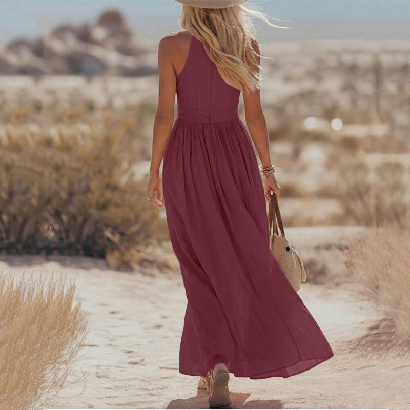 Robe Élégante Col V Plissé Femme Moderne