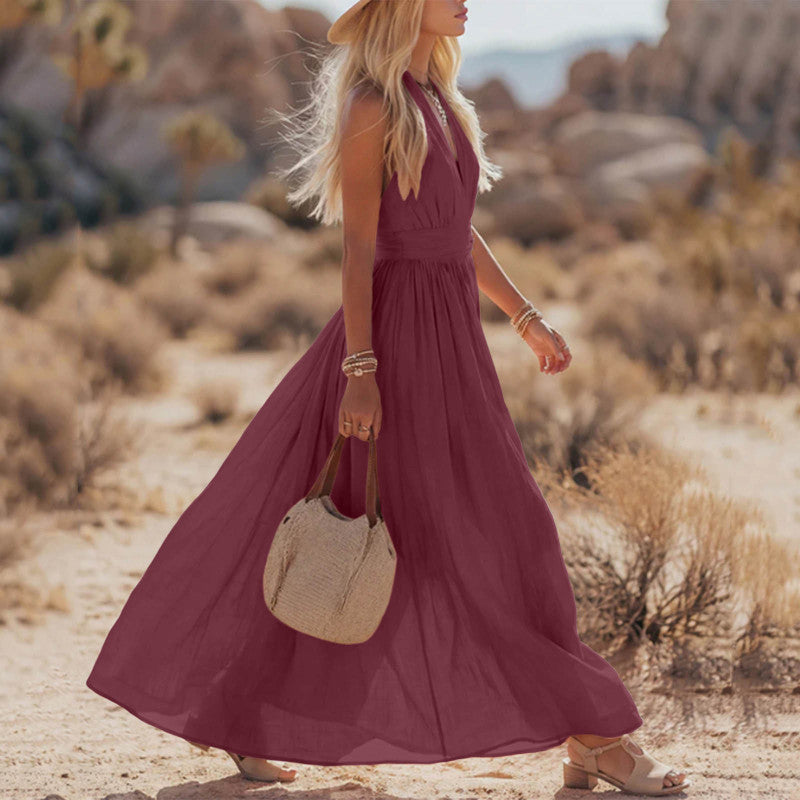 Robe Élégante Col V Plissé Femme Moderne