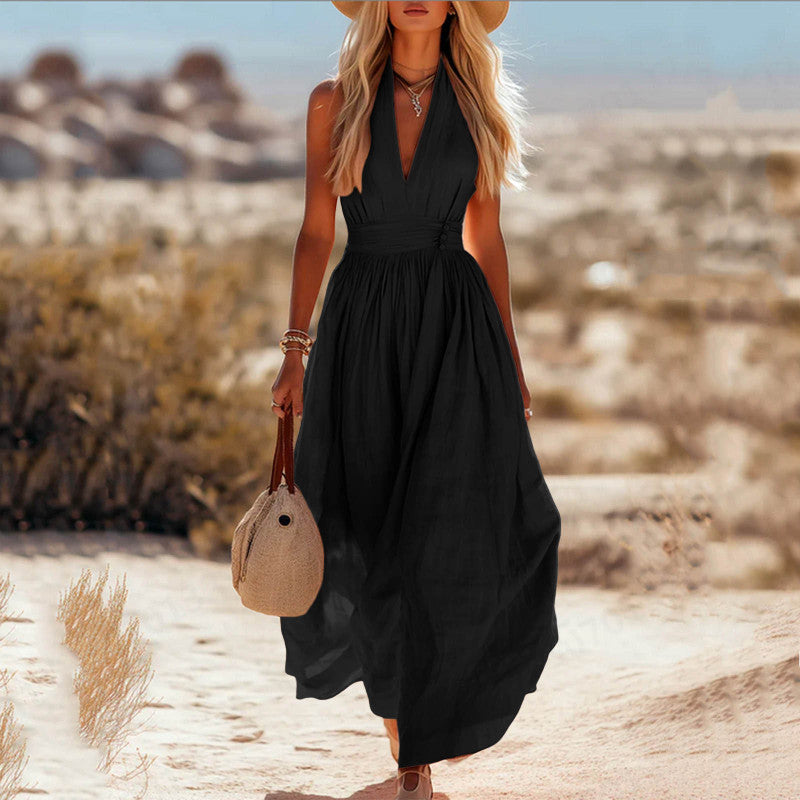 Robe Élégante Col V Plissé Femme Moderne