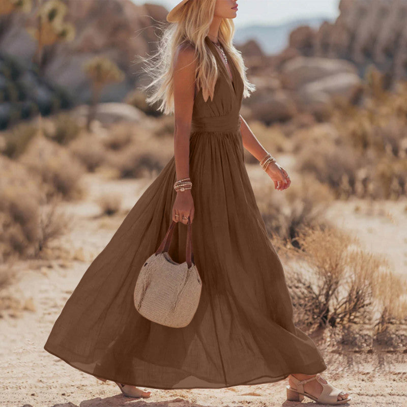 Robe Élégante Col V Plissé Femme Moderne