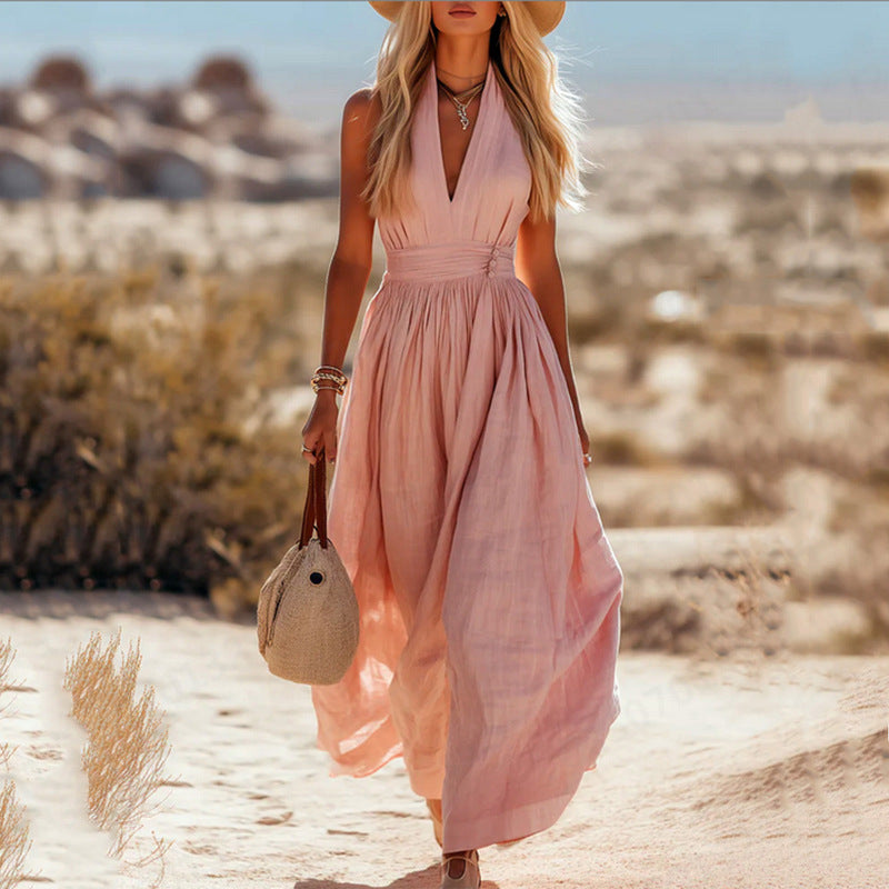Robe Élégante Col V Plissé Femme Moderne
