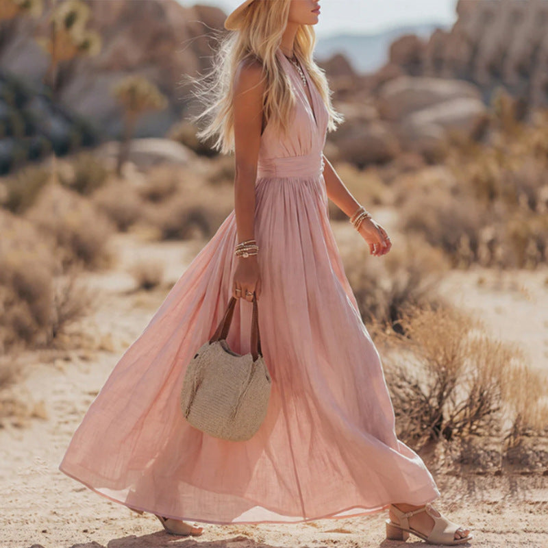 Robe Élégante Col V Plissé Femme Moderne
