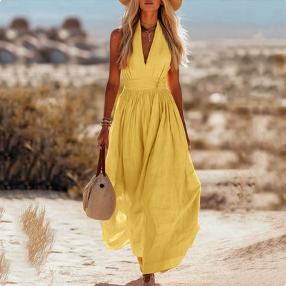 Robe Élégante Col V Plissé Femme Moderne