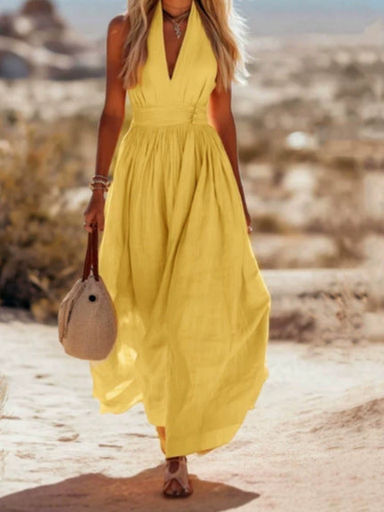 Robe Élégante Col V Plissé Femme Moderne