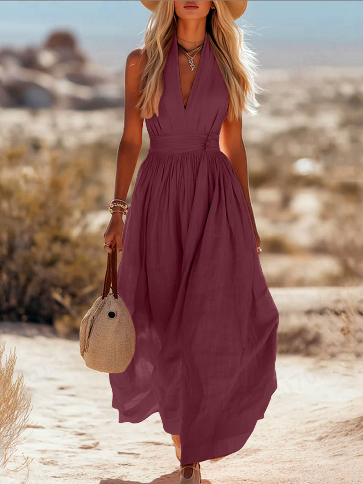 Robe Élégante Col V Plissé Femme Moderne
