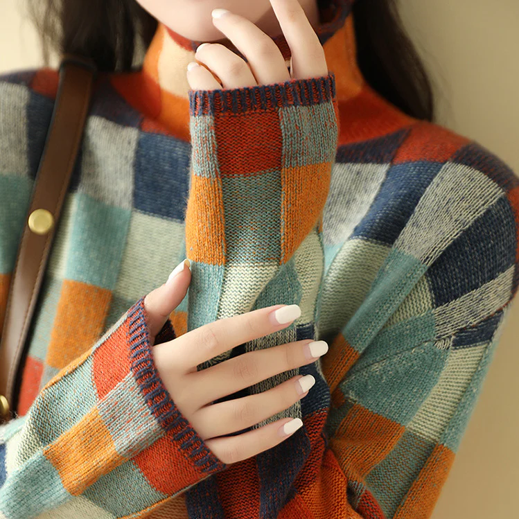 Pull Femme Tricot Colorblock et Carreaux