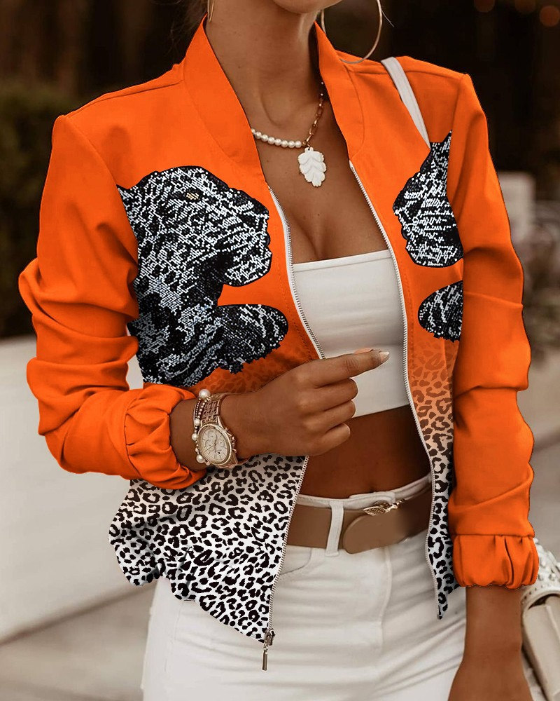 Blouson femme fleuri avec fermeture éclair avant