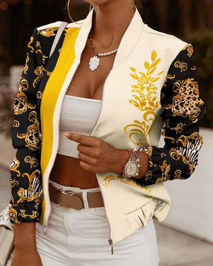 Blouson femme fleuri avec fermeture éclair avant