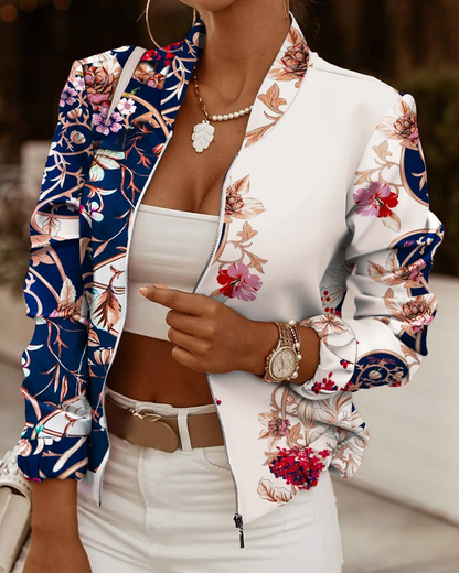 Blouson femme fleuri avec fermeture éclair avant