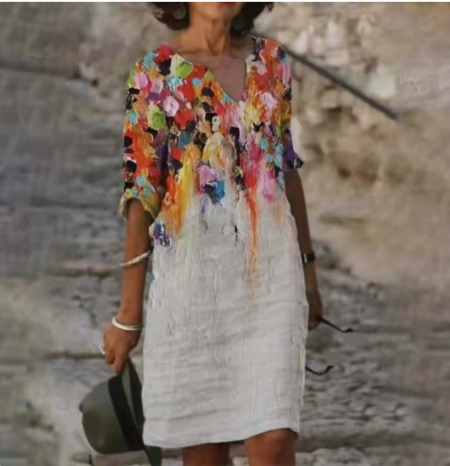 Robe Femme Manches Longues Imprimé Abstrait Élégant