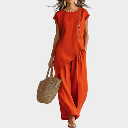 Ensemble Femme Lin Coupe Asymétrique Boutons Latéraux - PanierRoyale
