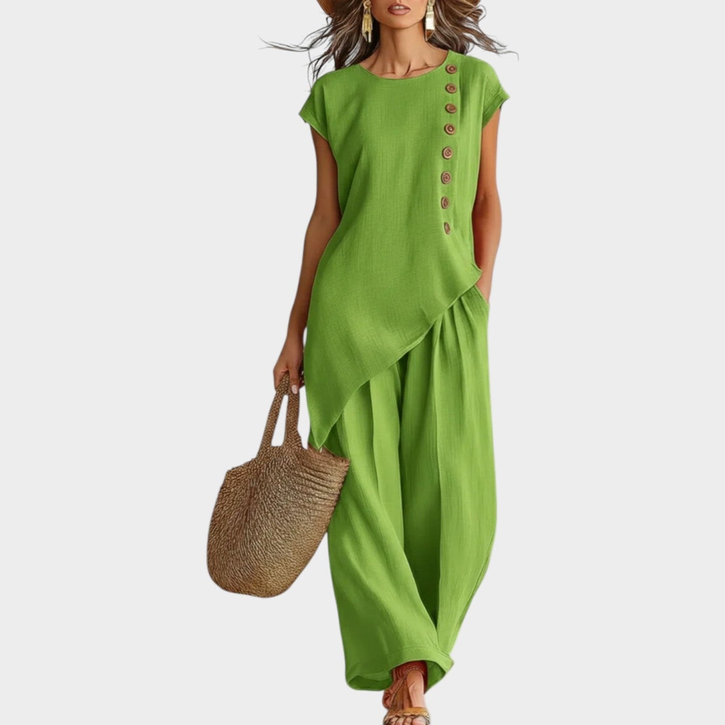 Ensemble Femme Lin Coupe Asymétrique Boutons Latéraux
