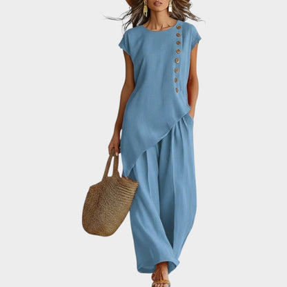 Ensemble Femme Lin Coupe Asymétrique Boutons Latéraux