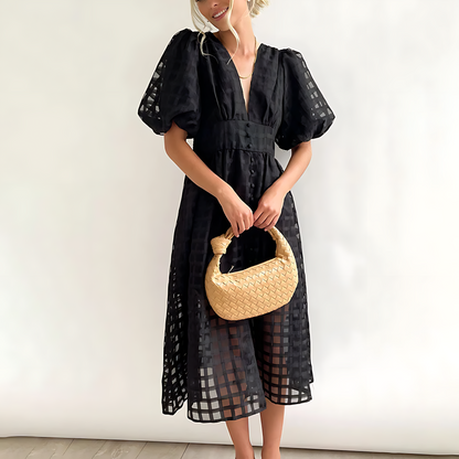 Robe Été Karo Décontractée Dentelle V et Manches Bouffantes