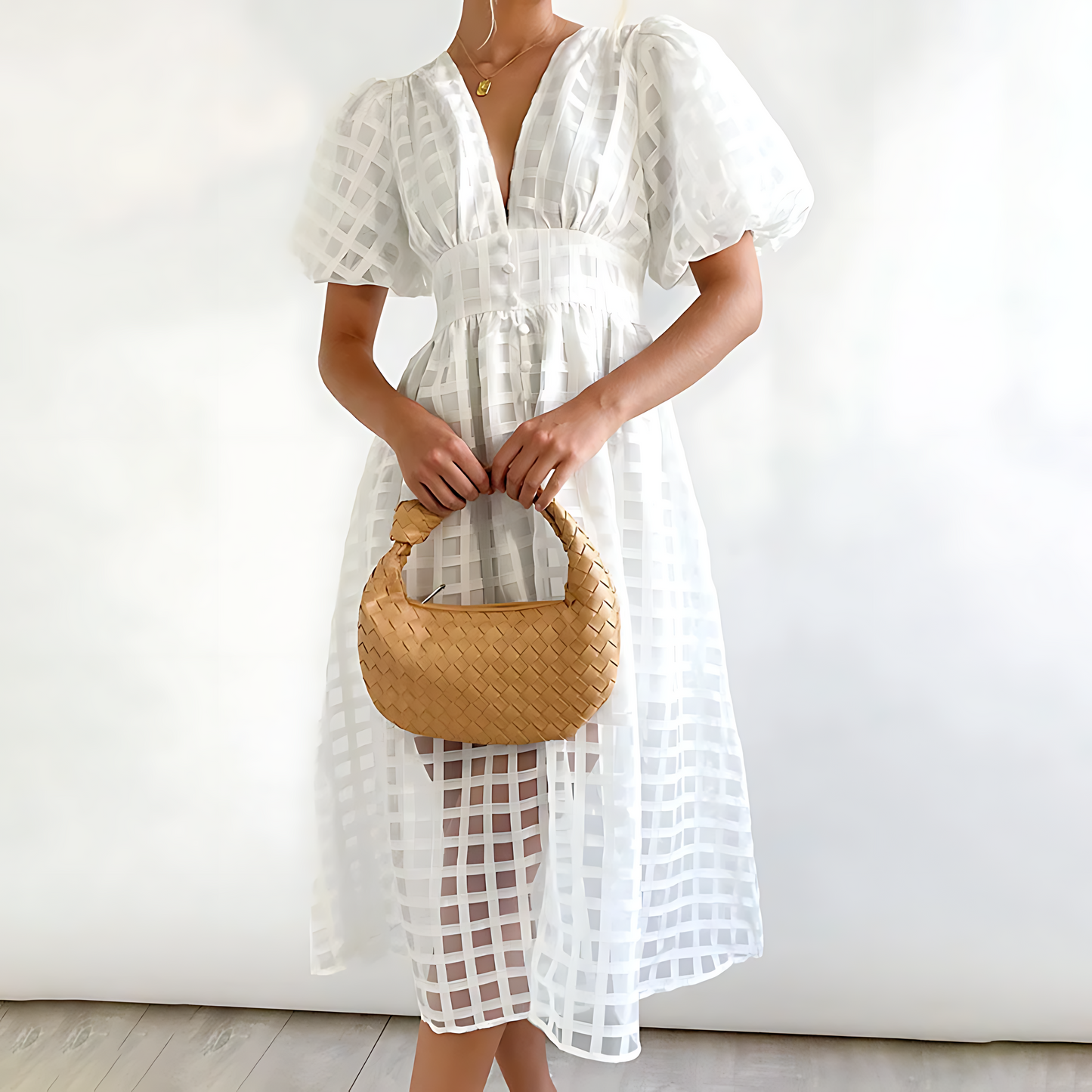 Robe Été Karo Décontractée Dentelle V et Manches Bouffantes