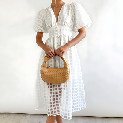 Robe Été Karo Décontractée Dentelle V et Manches Bouffantes