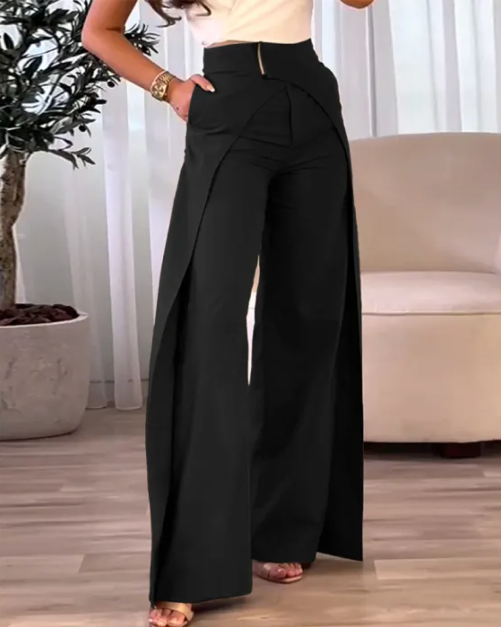 Pantalon Femme Taille Haute Fluide Coupe Droite avec Fente