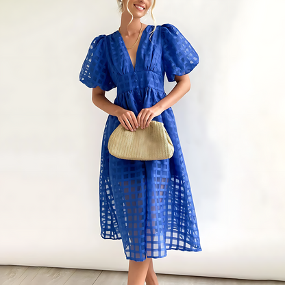 Robe Été Karo Décontractée Dentelle V et Manches Bouffantes