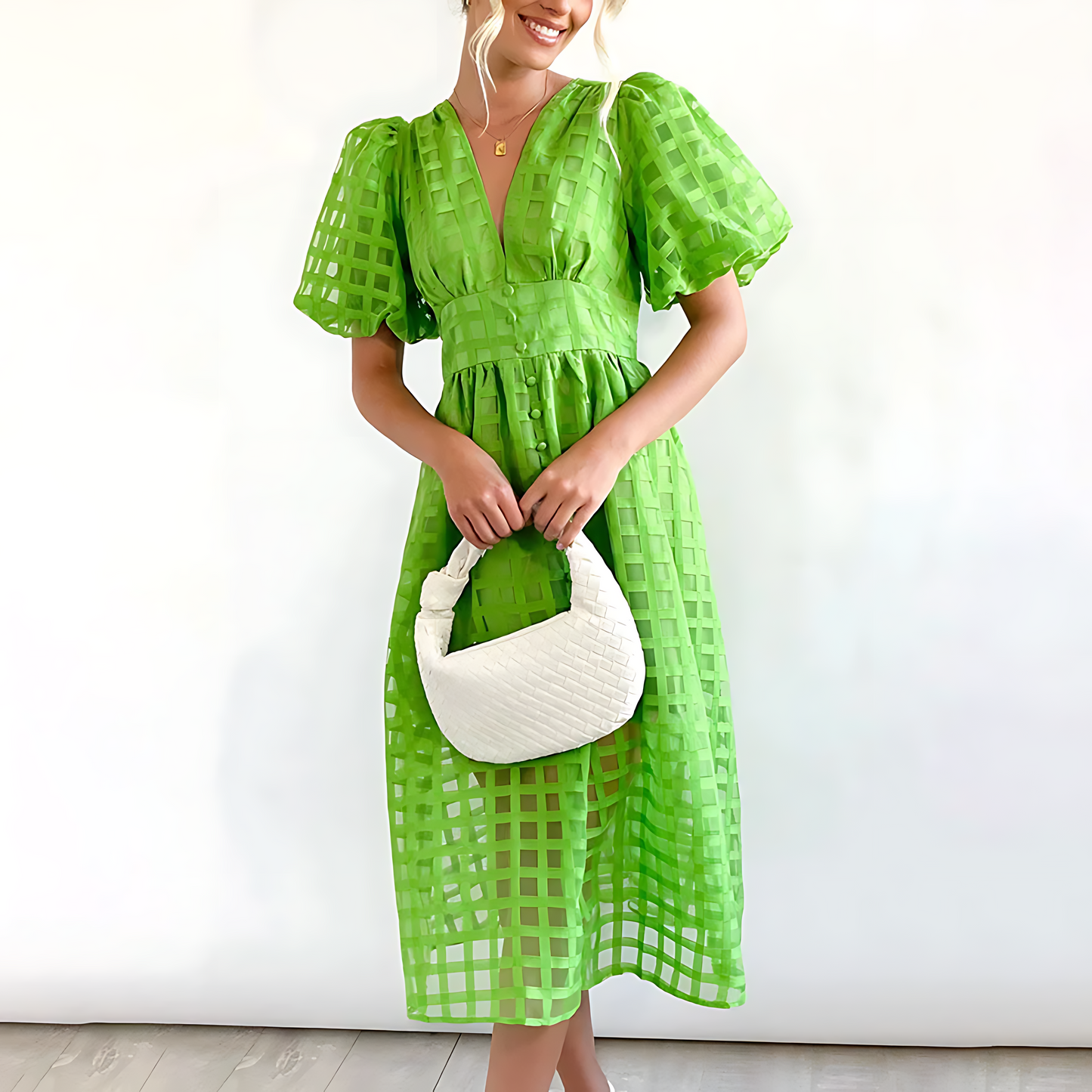 Robe Été Karo Décontractée Dentelle V et Manches Bouffantes
