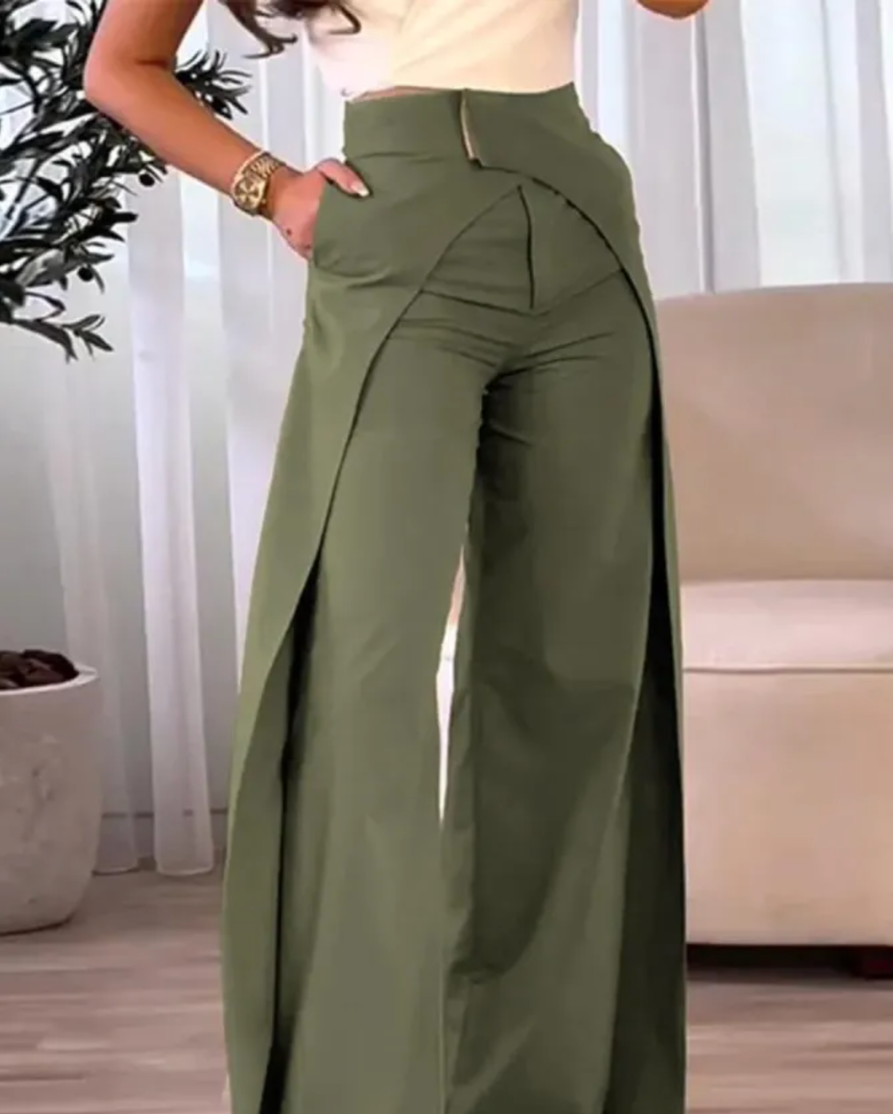 Pantalon Femme Taille Haute Fluide Coupe Droite avec Fente - PanierRoyale