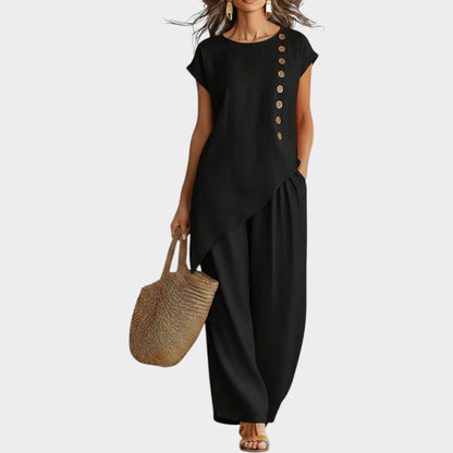 Ensemble Femme Lin Coupe Asymétrique Boutons Latéraux