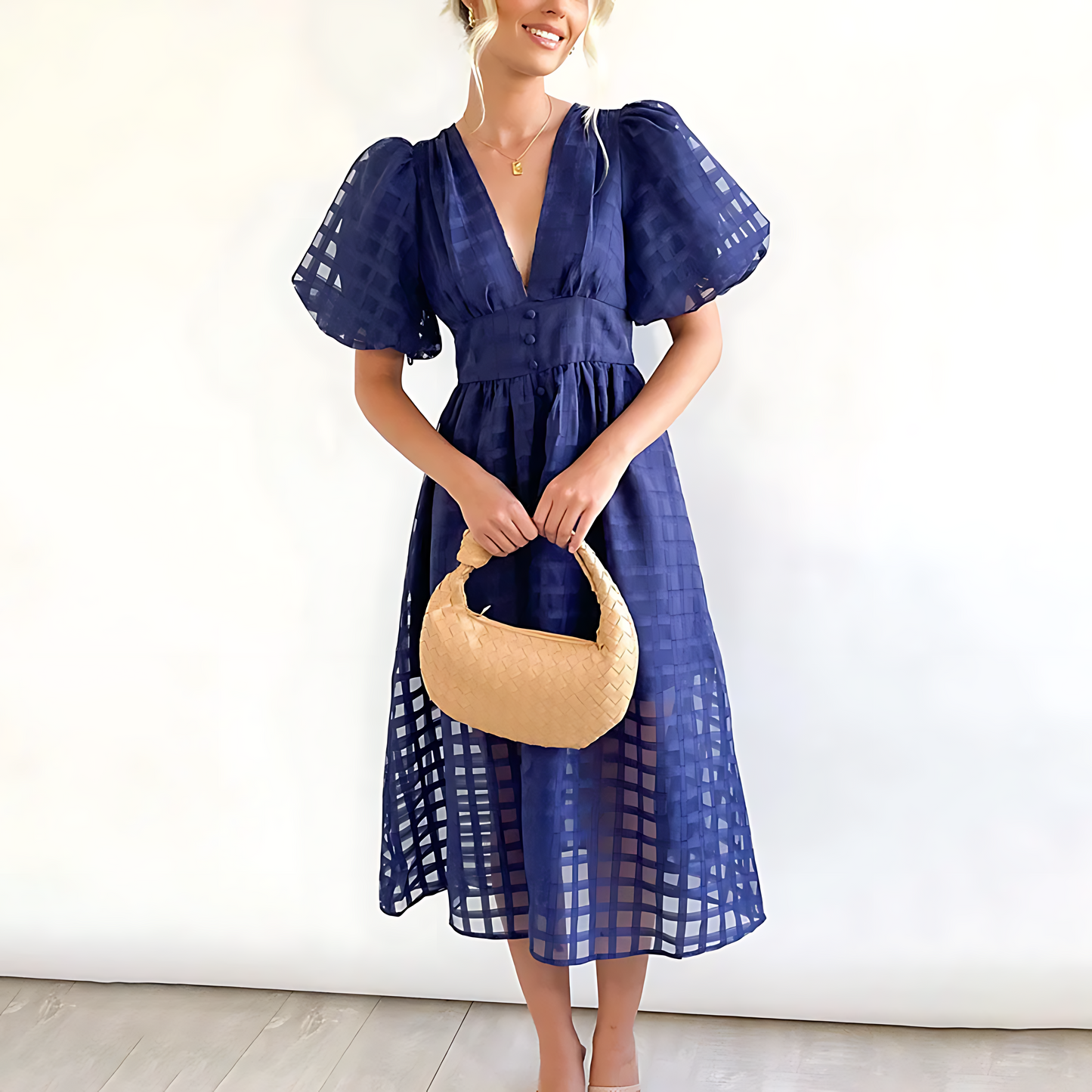 Robe Été Karo Décontractée Dentelle V et Manches Bouffantes