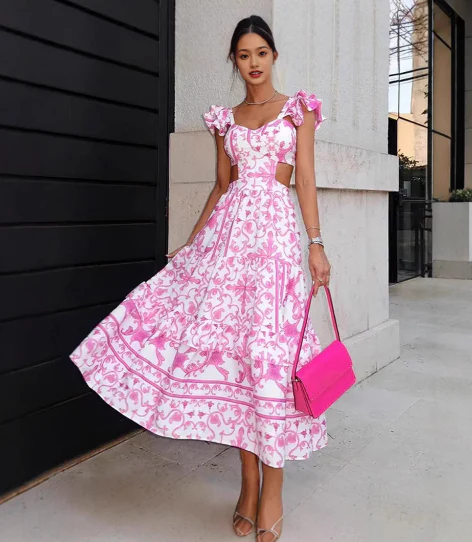 Robe Été Longue Florale Manches Bouffantes Décolleté V pour Femmes