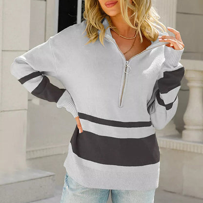 Pull Femme à Fermeture Éclair – Pull Sport Chic à Rayures