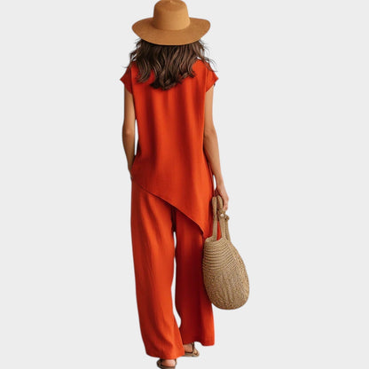 Ensemble Femme Lin Coupe Asymétrique Boutons Latéraux