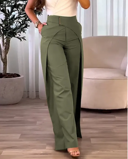 Pantalon Femme Taille Haute Fluide Coupe Droite avec Fente