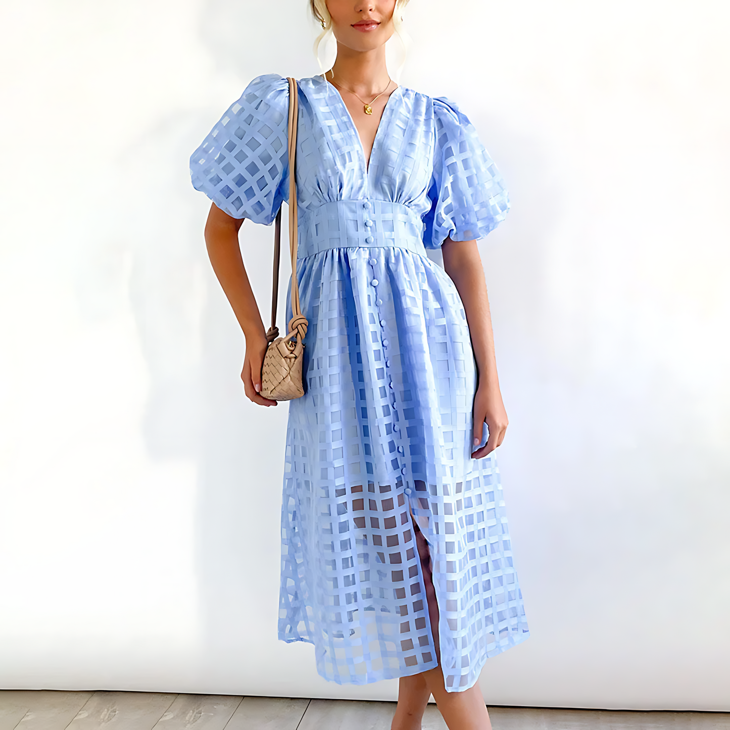 Robe Été Karo Décontractée Dentelle V et Manches Bouffantes