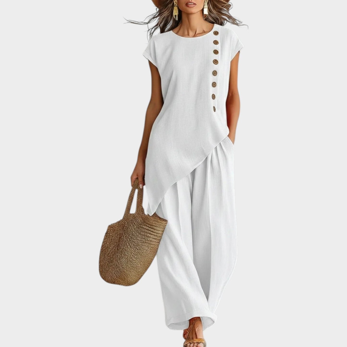 Ensemble Femme Lin Coupe Asymétrique Boutons Latéraux