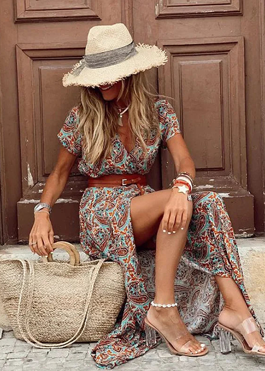 Robe Maxi Femme Coupe Fluide Imprimé Léger Style Bohème
