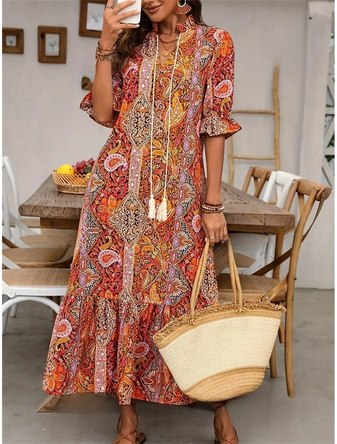 Robe Bohème Femme Imprimé Cachemire Col V Pompons