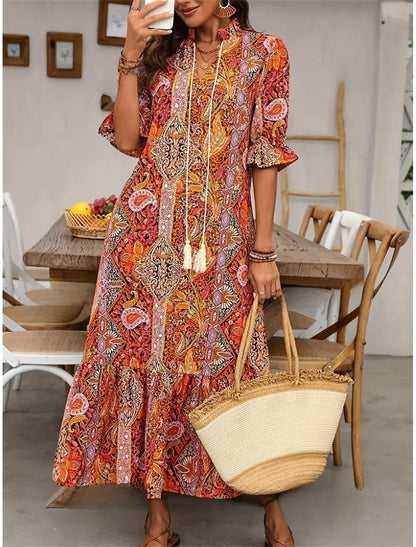 Robe Bohème Femme Imprimé Cachemire Col V Pompons