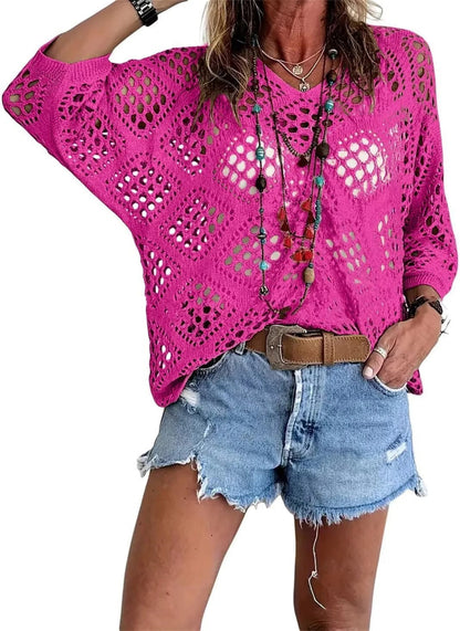 Haut Femme Crochet Ajouré Col en V Style Bohème