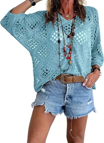Haut Femme Crochet Ajouré Col en V Style Bohème