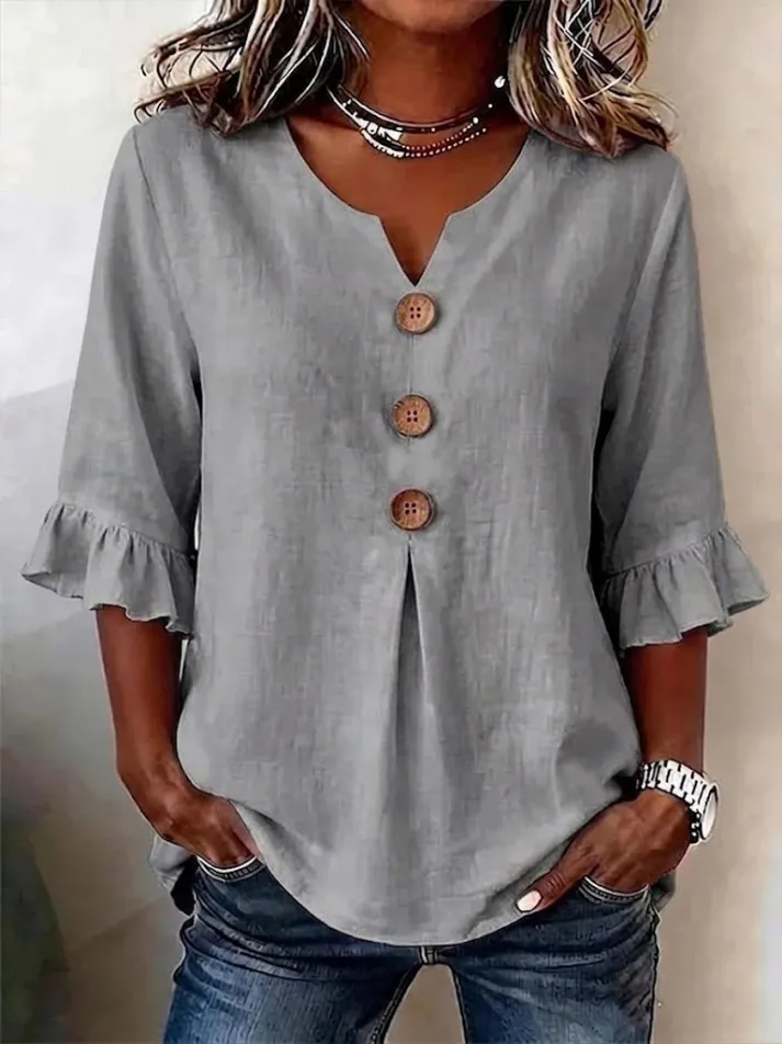 Chemisier Femme Col en V Boutonné Manches Mi-longues Coupe Fluide