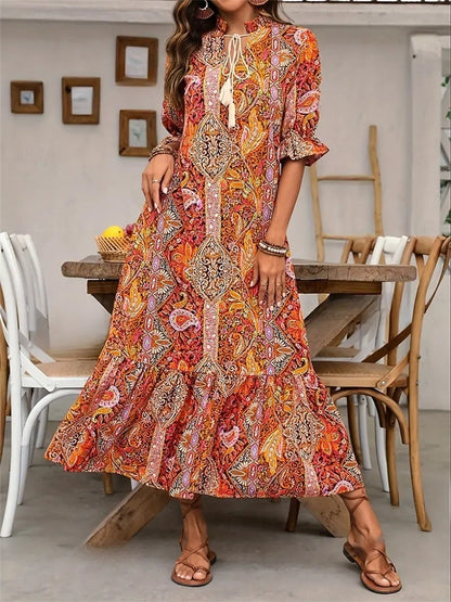 Robe Bohème Femme Imprimé Cachemire Col V Pompons